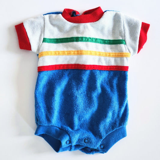 Vintage 1980s Baby Terry Cloth Primary Colors Short Sleeve Romper Size NB
