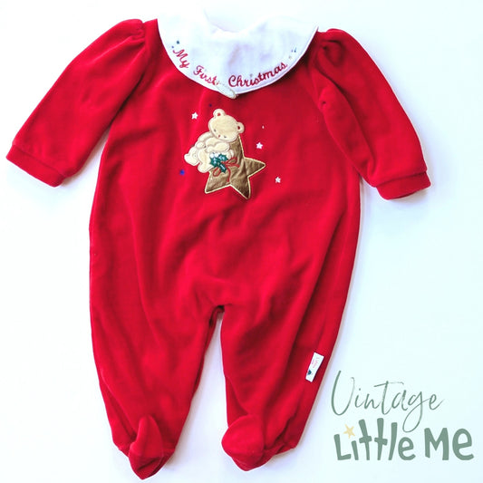 Little Me Vintage 1990s Red Velour "My First Christmas" Footie Outfit Sz 6 mos