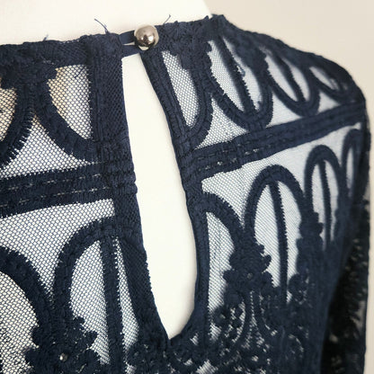 Anthropologie Women's En Elle Marka Lace Scallop Hem Navy Blue Blouse Size 10 NWT