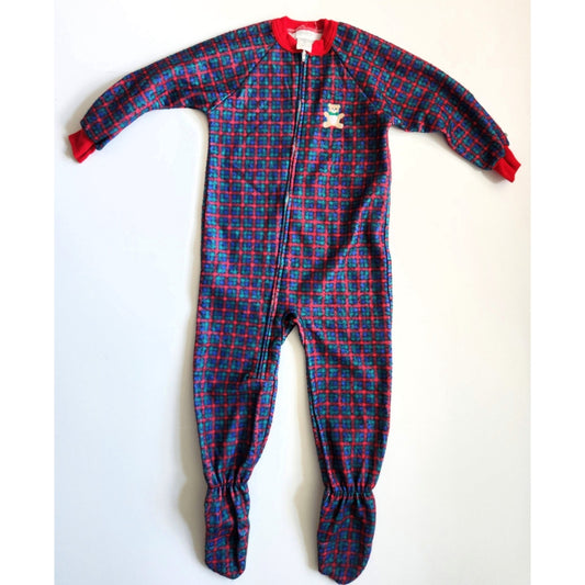 Carter's Vintage 1990s Fleece Footie Pajamas Sleeper Plaid Teddy Bear Size 4T