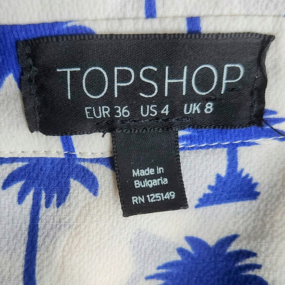 Topshop Women's Blue Palm Trees & Black Piping Button-Down Blouse Size US 4 | UK 8